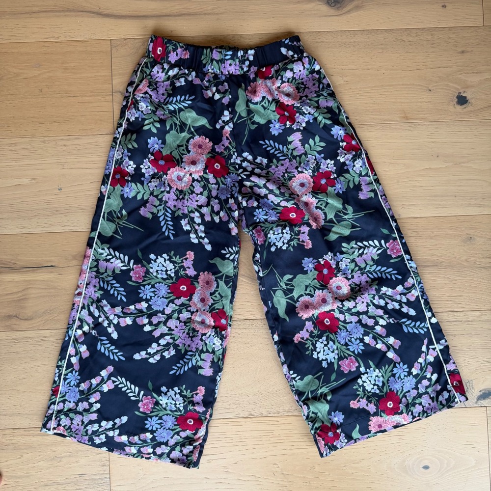 Janie and Jack Girls Navy Floral Wide Leg Pants Size 8 Elastic Waist Pockets